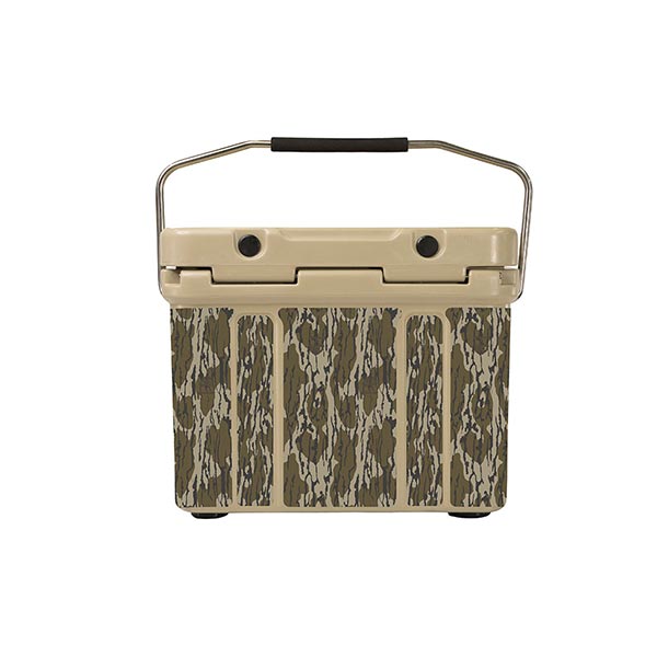 tan cruiser cooler with mossy oak bottomland print back view