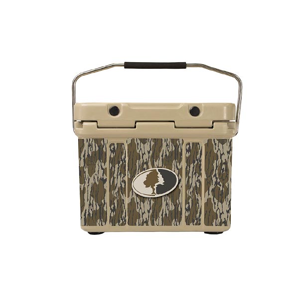 tan cruiser cooler with mossy oak bottomland print back view