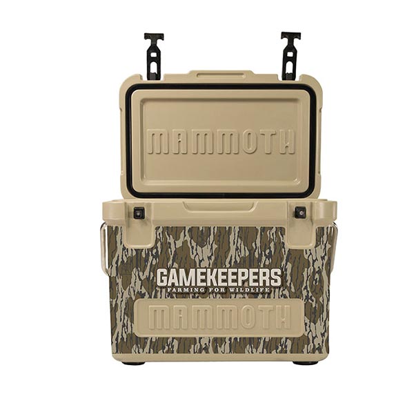 tan cruiser cooler with mossy oak bottomland print front view open
